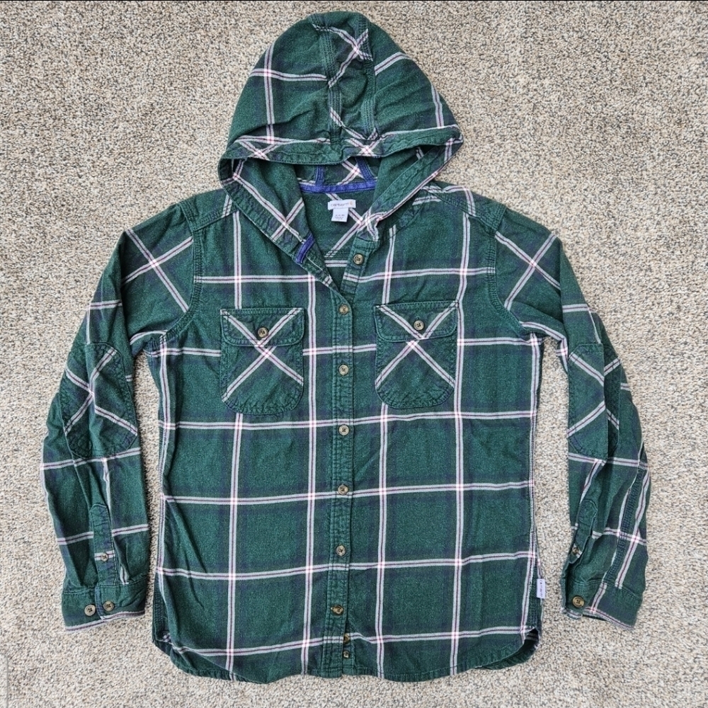 Carhartt Belton Flannel Shirt Green Red White Long Sleeve Hooded Womens Size S